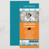 Blauwgroen en Oranje Hockey Ticket Wedding Invitat Kaart (Voorkant / Achterkant)