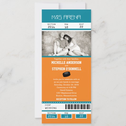 Blauwgroen en Oranje Hockey Ticket Wedding Invitat Kaart (Voorkant)