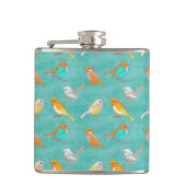 Blauwgroen en Oranje kleurrijk vogelpatroon Turquo Heupfles (Voorkant)