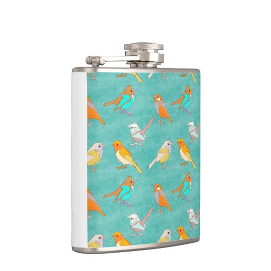 Blauwgroen en Oranje kleurrijk vogelpatroon Turquo Heupfles (Rechts)