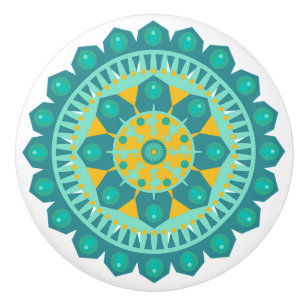 Blauwgroen en Oranje Knop Mandala