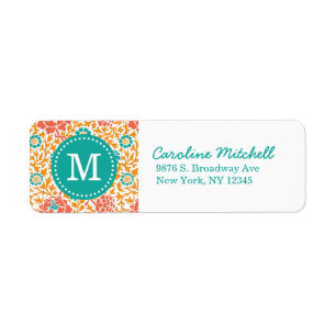 Blauwgroen en Oranje Retro Floral Damask Monogram Etiket