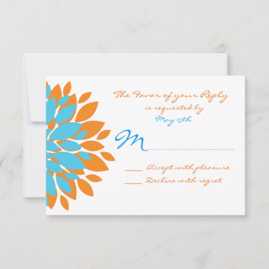 Blauwgroen en Oranje Simple Flowers Wedding RSVP-k RSVP Kaartje (Voorkant)