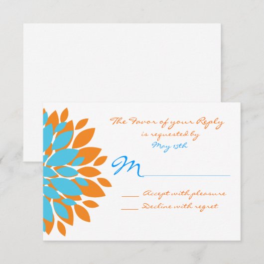 Blauwgroen en Oranje Simple Flowers Wedding RSVP-k RSVP Kaartje (Voorkant / Achterkant)