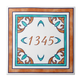 Blauwgroen en Oranje Small House Number Tegeltje