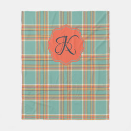 Blauwgroen en Oranje Tartan Pset Monogram Blanket Fleece Deken