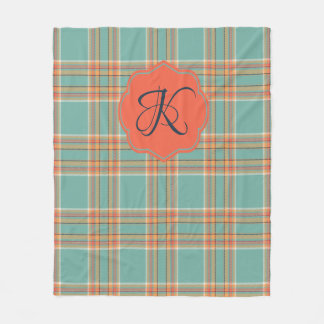 Blauwgroen en Oranje Tartan Pset Monogram Blanket Fleece Deken