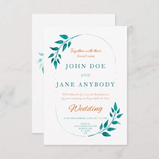 Blauwgroen en Oranje uitnodiging tot huwelijk (Voorkant / Achterkant)