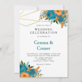 Blauwgroen en Oranje Waterverf Floral Wedding Kaart (Voorkant)
