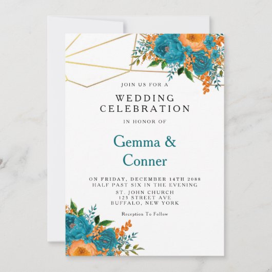 Blauwgroen en Oranje Waterverf Floral Wedding Kaart (Voorkant)