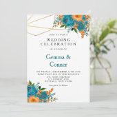 Blauwgroen en Oranje Waterverf Floral Wedding Kaart (Staand voorkant)