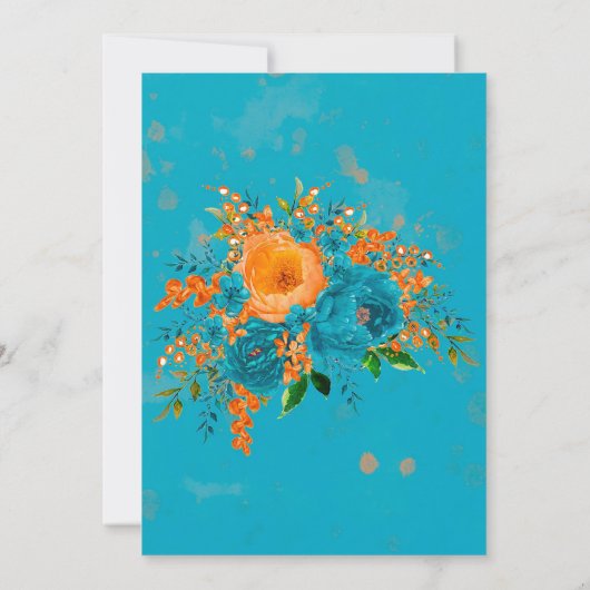 Blauwgroen en Oranje Waterverf Floral Wedding Kaart (Achterkant)