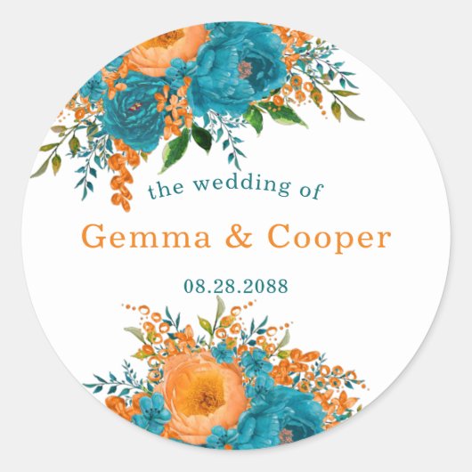 Blauwgroen en Oranje Waterverf Floral Wedding Ronde Sticker (Voorkant)