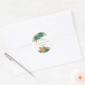 Blauwgroen en Oranje Waterverf Floral Wedding Ronde Sticker (Envelop)