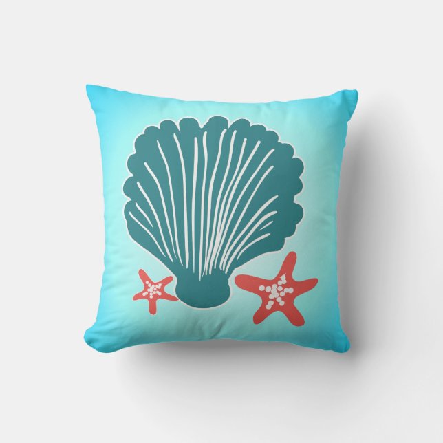 Blauwgroen en Oranje Zee Shell en Star Fish Kussen (Voorkant)