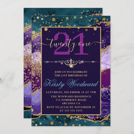 Blauwgroen en Paars Glitter Agate Birthday Kaart (Voorkant / Achterkant)