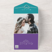 Blauwgroen en Paarse bruiloft All In One Uitnodiging (Buitenkant)