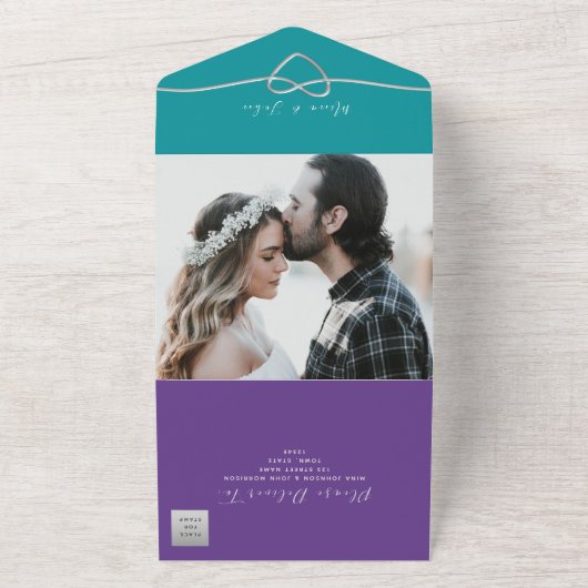 Blauwgroen en Paarse bruiloft All In One Uitnodiging (Buitenkant)