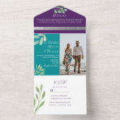 Blauwgroen en Paarse bruiloft All In One Uitnodiging (Binnen)