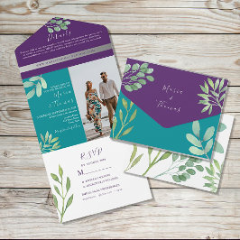 Blauwgroen en Paarse bruiloft All In One Uitnodiging