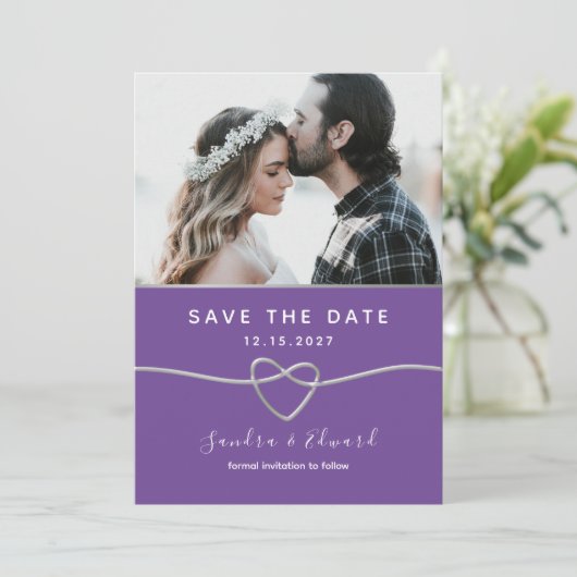 Blauwgroen en Paarse bruiloft Save The Date (Staand voorkant)