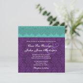 Blauwgroen en Paarse Damask Monogram Wedding V15 Kaart (Staand voorkant)