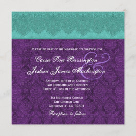 Blauwgroen en Paarse Damask Monogram Wedding V15 Kaart
