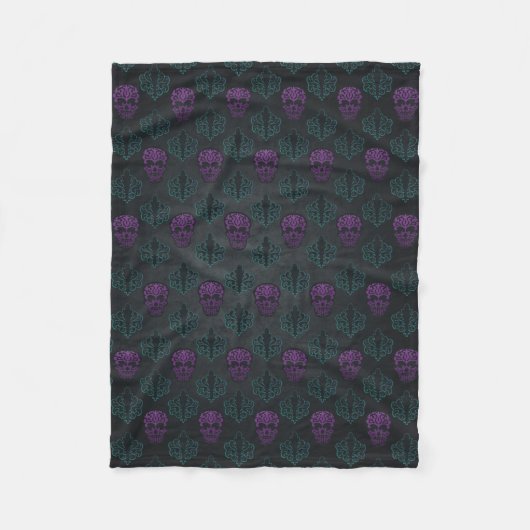 Blauwgroen en Paarse Damask Skulls Fleece Deken (Voorkant)