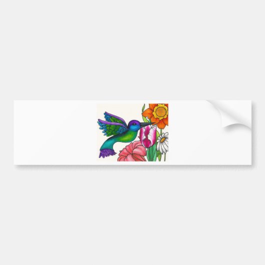 Blauwgroen en Paarse Hummingbird met bloemen Bumpersticker (Voorkant)