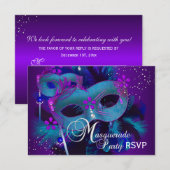 Blauwgroen en Paarse maskerade Partij RSVP Kaart (Voorkant / Achterkant)