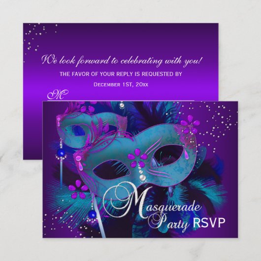 Blauwgroen en Paarse maskerade Partij RSVP Kaart (Voorkant / Achterkant)