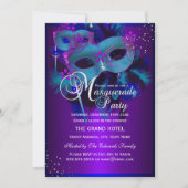 Blauwgroen en Paarse maskers Masquerade Party uitn Kaart (Voorkant)