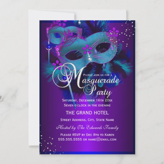 Blauwgroen en Paarse maskers Masquerade Party uitn Kaart (Voorkant)