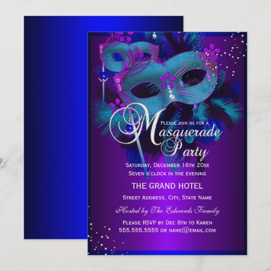 Blauwgroen en Paarse maskers Masquerade Party uitn Kaart (Voorkant / Achterkant)