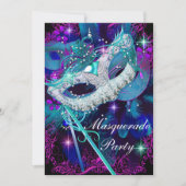 Blauwgroen en Paarse Masquerade Ball Party Kaart (Voorkant)