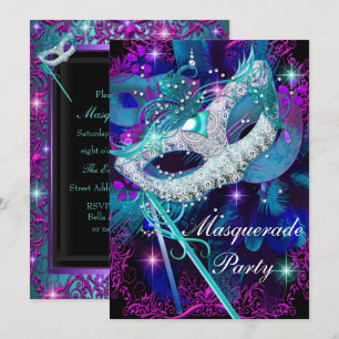 Blauwgroen en Paarse Masquerade Ball Party Kaart
