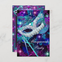 Blauwgroen en Paarse Masquerade Ball Party Kaart