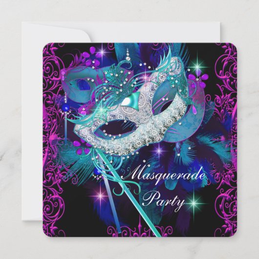 Blauwgroen en Paarse Masquerade Ball Party Kaart (Voorkant)
