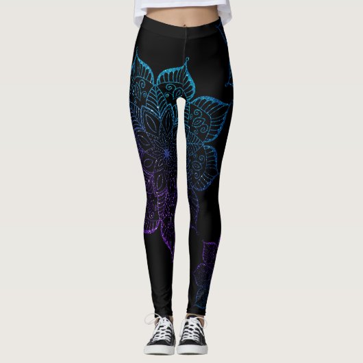 Blauwgroen en Paarse Ombre Faux Glitter Mandalas,  Leggings (Voorkant)