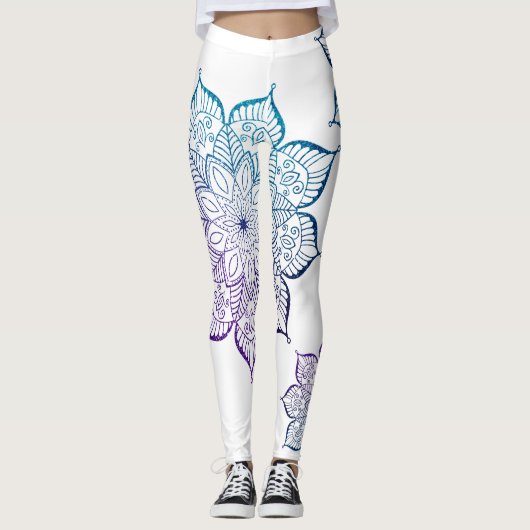 Blauwgroen en Paarse Ombre Faux Glitter Mandalas,  Leggings (Voorkant)