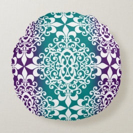 Blauwgroen en Paarse Ombre witte damast Rond Kussen