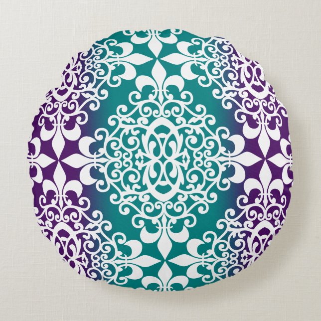 Blauwgroen en Paarse Ombre witte damast Rond Kussen (Voorkant)