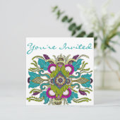 Blauwgroen en Paarse Paisley Henna Shower Invitati Kaart (Staand voorkant)