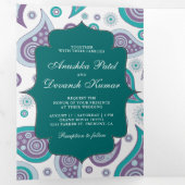 Blauwgroen en Paarse Paisley Indiase stijl bruilof Drieluik Uitnodiging (Binnenzijde eerst)