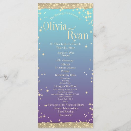Blauwgroen en Paarse Rustieke Ombre" Huwelijk Programmakaart (Voorkant)