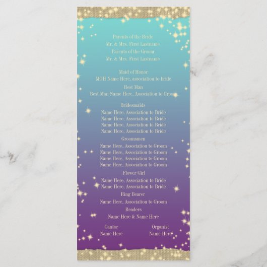 Blauwgroen en Paarse Rustieke Ombre" Huwelijk Programmakaart (Achterkant)