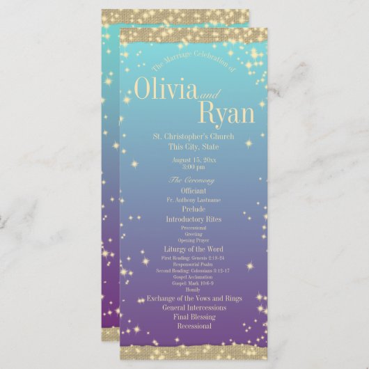 Blauwgroen en Paarse Rustieke Ombre" Huwelijk Programmakaart (Voorkant / Achterkant)