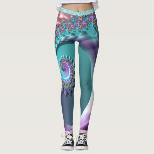 Blauwgroen en Paarse spiraalvormige fractale Leggi Leggings
