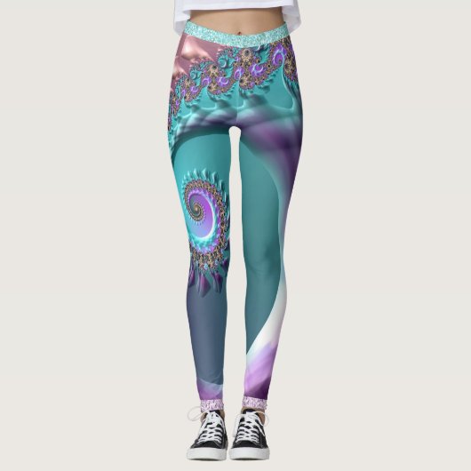 Blauwgroen en Paarse spiraalvormige fractale Leggi Leggings (Voorkant)