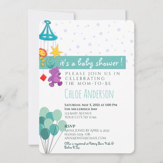 Blauwgroen en Paarse uitnodigingen voor mobiel Bab (Voorkant)